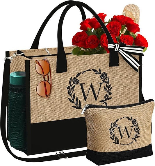 YOOLIFE Personalized Gifts for Women - Initial Jute Tote Bag & Makeup Bag, Birthday Gifts for Women Mom Wife Teacher Friend