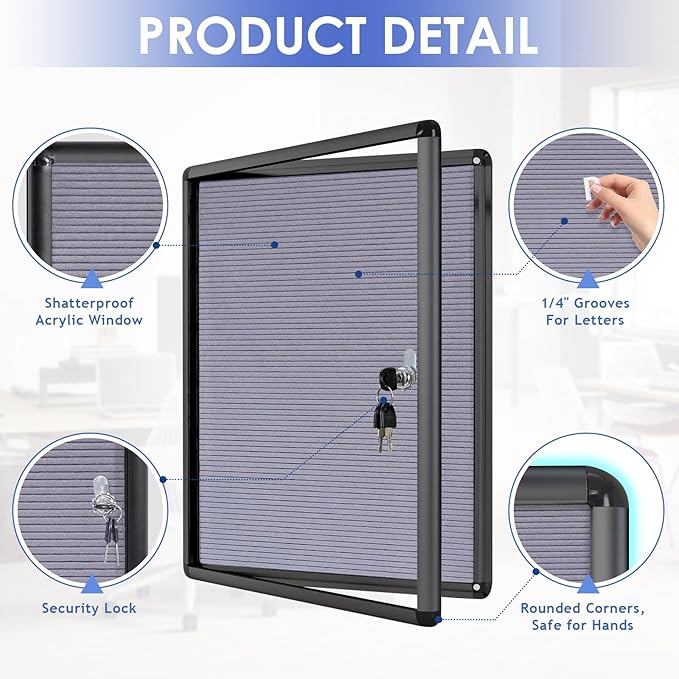 SWANCROWN Enclosed Bulletin Board with Locking Door 20x14 in, Lockable Felt Letter Board Sign Tamperproof Message Board for Office School Home, Black Aluminum Frame, Grey