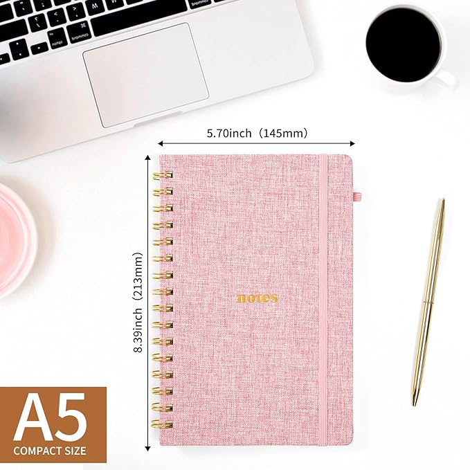 A5 Spiral Notebook – Hardcover Journal 160 Lined Pages 100 GSM Thick Paper With Elastic Band & Pen Holder College Ruled Writing Notebooks for Work School Travel Pink