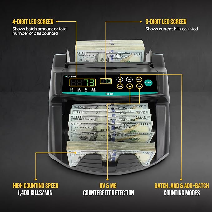 KOLIBRI Rook Money Counter with UV/MG/IR Counterfeit Detection – Count, Add & Batch Modes, 1,400 Notes per Minute Fast Bill Counter - US Dollar Cash Counter with Dual LED Display (1-Year USA Warranty)