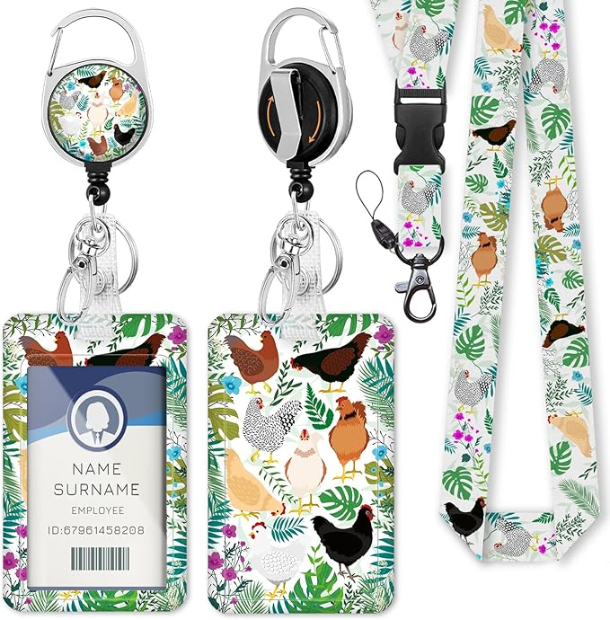 Gctriki ID Badge Holder with Lanyard, Cute Flower Chickens Lanyard for Keys, Funny Retractable Badge Reel Clip, Teacher Lanyards for ID Badges Holder, Nurse Teacher Workers Women Office Gifts