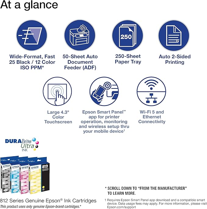Epson Workforce Pro WF-7820 Wireless All-in-One Wide-Format Printer with Auto 2-Sided Print up to 13" x 19", Copy, Scan and Fax, 50-Page ADF, 250-sheet Paper Capacity, and 4.3" Touchscreen (Renewed)