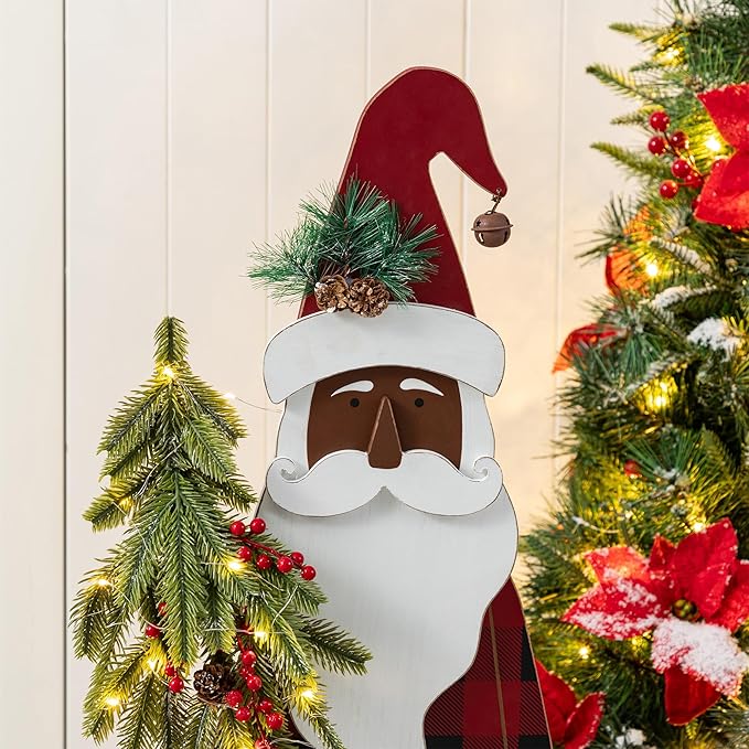 Glitzhome 36''H Lighted Wooden Africa Santa Porch Decor with Timer & LED Lights, Christmas Standing Santa Porch Sign Decor with Xmas Tree and Welcome Plaques for Front Door Outdoor Decor