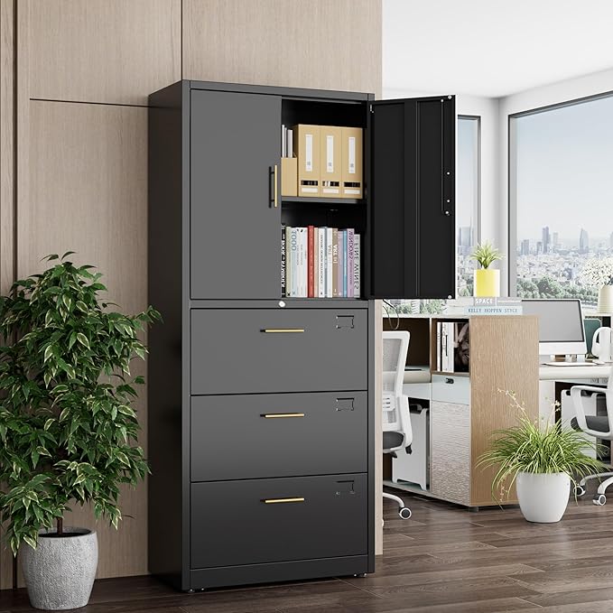 3 Drawer Lateral File Cabinet with Lock, Metal Filing Storage Cabinet with Locking Doors and Adjustable Shelf for Home, Office, School, Fits A4/Letter/Legal Size Folders, Assembly Required