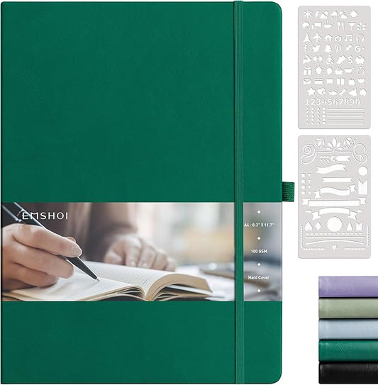 EMSHOI Dotted Journal, 8.5" x 11" Hardcover Leather Journal for Women Men, 192 Pages 100 GSM Dot Grid Notebook, Dotted Notebook for Work, A4 Large Journals for Writing, Bullet Journaling, Dark Green