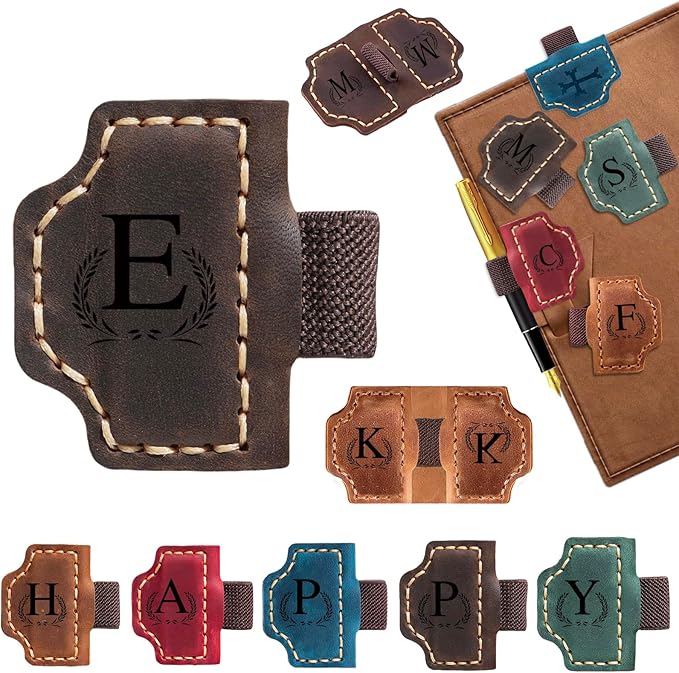 Custom Bygone Mark Bookmark with Pen Holder, 26 Letters Name Initial Personalized Magnetic Leather Bookmark, Gifts for Book Lovers, Readers, Travelers, Leather Book Marks (Dark Brown, E)