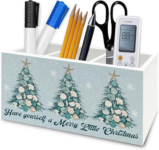 Coastal Beach Christmas Pen Pencil Holder Organizer for Desk, Christmas Seashell Starfish Tree Holiday Wooden Box Signs Decorations for Home Office Desk Tabletop, Beach House Decor