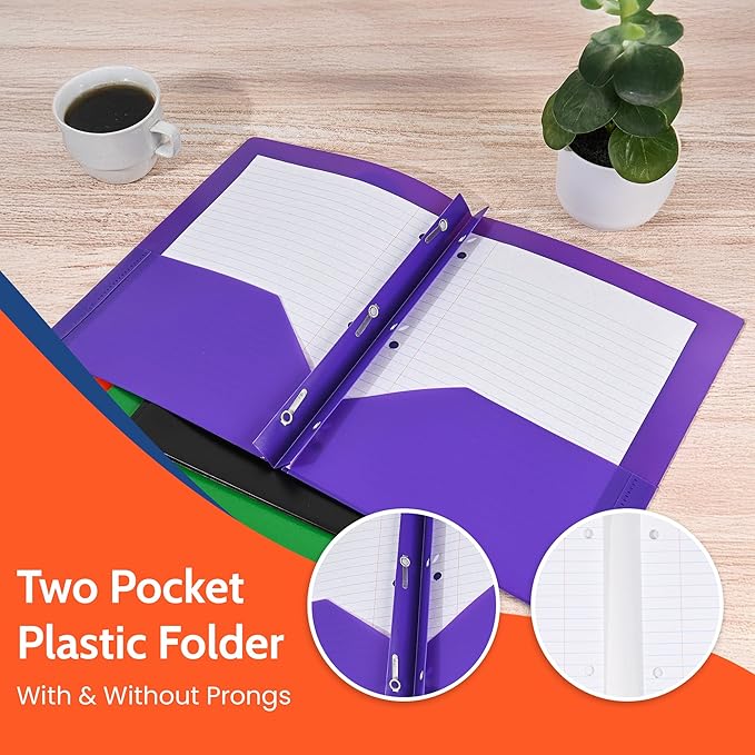 24 Pack Black Plastic Folders with Pockets Heavy Duty. 2 Pocket Folder no Prongs Bulk. Tear-Resistant Letter Size 8.5x11. Presentation Ready School and Office Supplies
