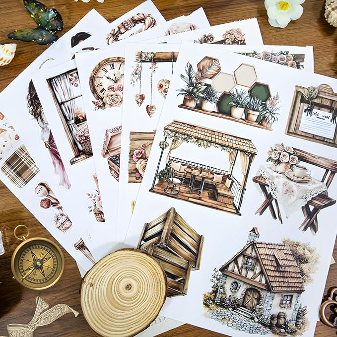 Snycler Woodcarving Theme Sticker Scrapbooking Supplies for Junk Journal, 20 Sheets PET Stickers - Vintage Journaling Stickers, Ephemera Sticker Book Pre Cut, Planner, Junk Journal Supplies