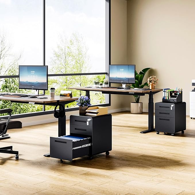 MIIIKO Mobile Filing Cabinet 3 Drawer, Rolling Small File Cabinet with Keys Under Desk, Modern Black Filing Cabinets for Home Office with Anti-tilt Wheels, A4/Letter/Legal Hanging File Drawers