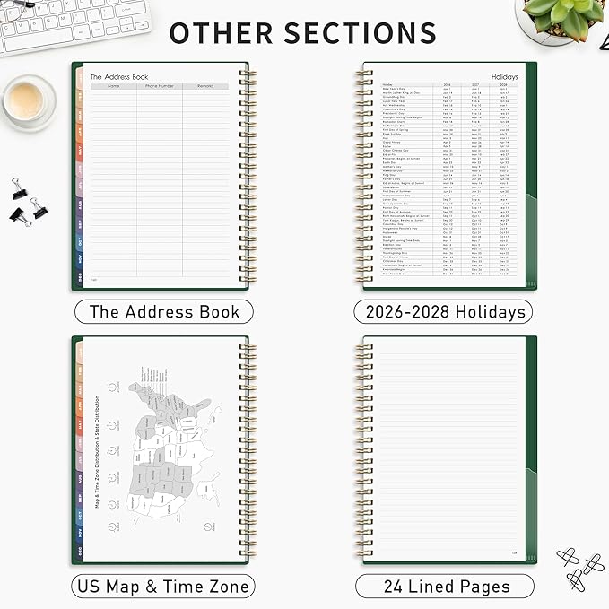RETTACY 2026 Planner, Weekly and Monthly, Large Size (8.5" x 11"), Jan - Dec 2026, Agenda, Calendar, 12 Month Tabs, Flexible Plastic Cover, 100 GSM Thick Paper, Spiral-bound (Dark Green)
