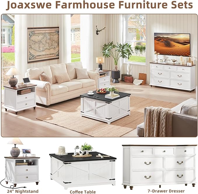 24" Wide Farmhouse Nightstand with Charging Station, End Table with 2 Drawers, White Wood Dresser for Bedroom Cabinet, Bed Side Table Chest of Drawers, Night Stand for Living Room, Closet