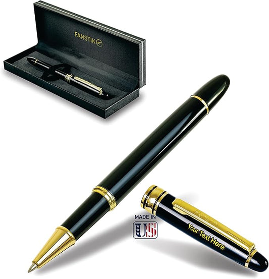 Customized RollerBall pen with name (MADE IN USA), stainless steel, black and gold, luxury engraved pen personalized for men and for women. (RollerBall Black-Gold)