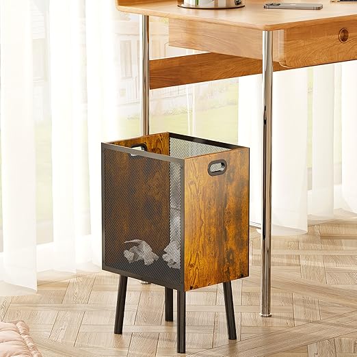 4.5 Gallon Office Trash Can for Near Desk, Wood Bedroom Trashcan Rectangular Wastebasket with Mesh - Handles - Leg, Small Garbage Can Trash Bin for Office Bedroom Living Room Bathroom Dorm