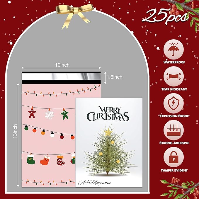 Christmas Poly Mailer 10x13 Inch 25 Pcs, Waterproof Shipping Bags for Clothing, Tear-Resistant Mailier Bags, Strong Mailing Bags with Self-Seal - Christmas Lights Printed