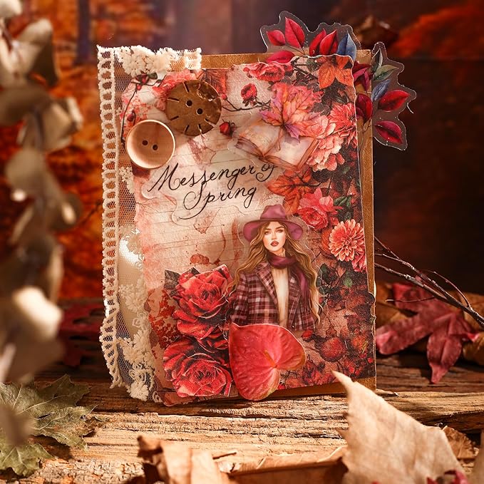 Autumn-Themed Vintage Scrapbook Paper Set, 180 PCS Floral Craft Paper Kit with Glue Tape for Journaling, Scrapbooking, DIY Crafts, and Art Supplies