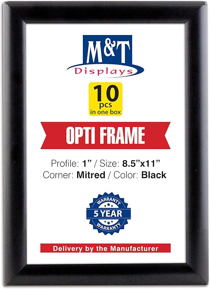 M&T Displays Opti Snap Poster Frame 8.5x11 Inch Black 1" Aluminum Profile Front Loading Wall Mounting Photo Picture Document Certificate Sign Holder Mitered Corner Anti Glare Cover (10 pack)
