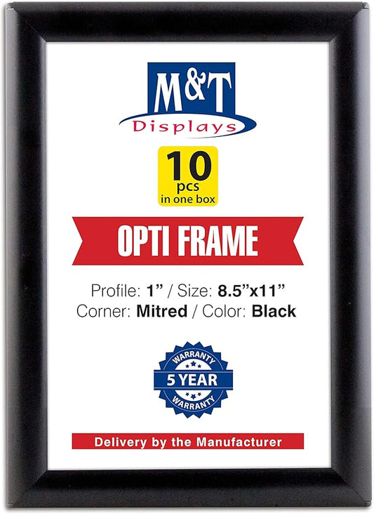 M&T Displays Opti Snap Poster Frame 8.5x11 Inch Black 1" Aluminum Profile Front Loading Wall Mounting Photo Picture Document Certificate Sign Holder Mitered Corner Anti Glare Cover (10 pack)