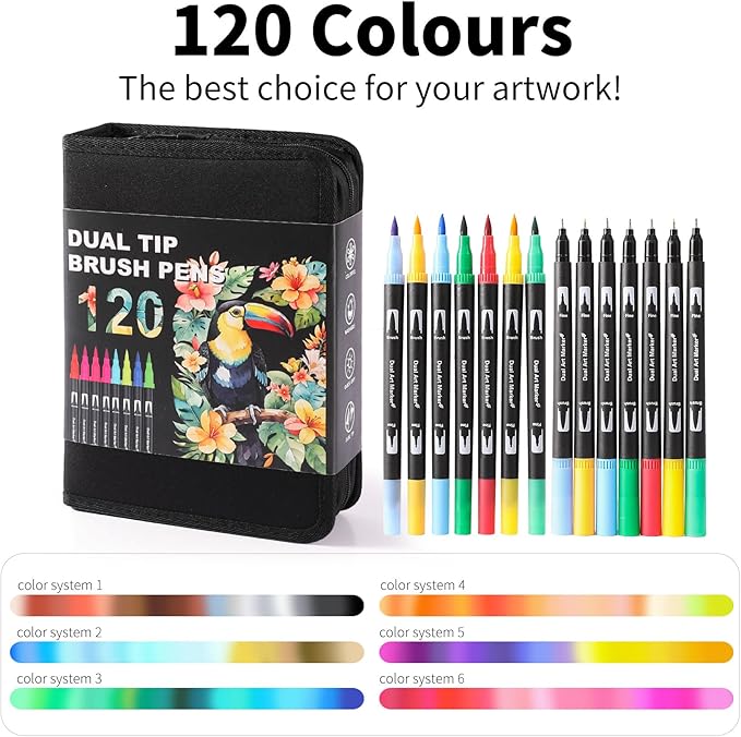 Dual Tip Markers, Double Brush Art Markers Set with Fine Tip and Brush Tip for Adult Coloring Book, Hand Lettering, Calligraphy & Drawing, Art Supplies Kit for Kids and Adults (120 Colors)