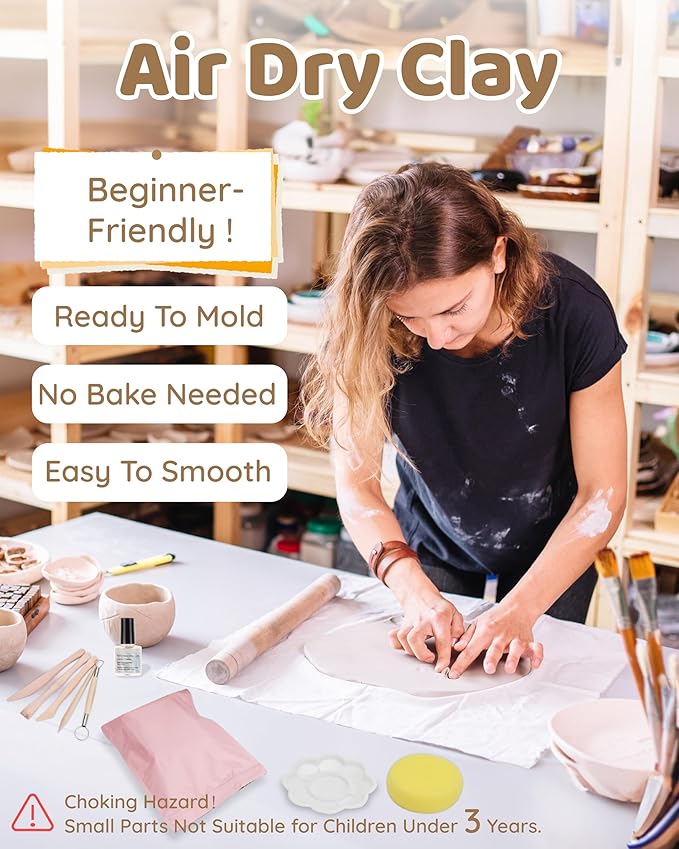 Air Dry Clay for Adults - Pottery Starter Kit for Beginner,Sculpting Tools, Gloss Varnish, DIY Plate Making Kit Gift for Christmas, Valentine's Day,Arts & Crafts