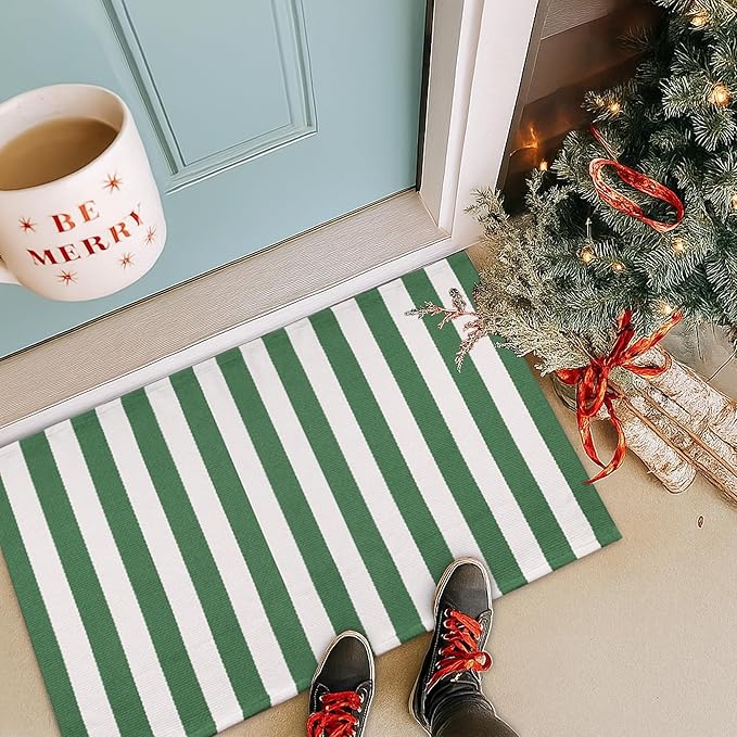 Christmas Green & White Striped Rug - 28 x 43 Inches Outdoor Front Door Decor Mat Cotton Washable Hand-Woven Rug Christmas New Year Holiday Porch Entryway Layered Doormat