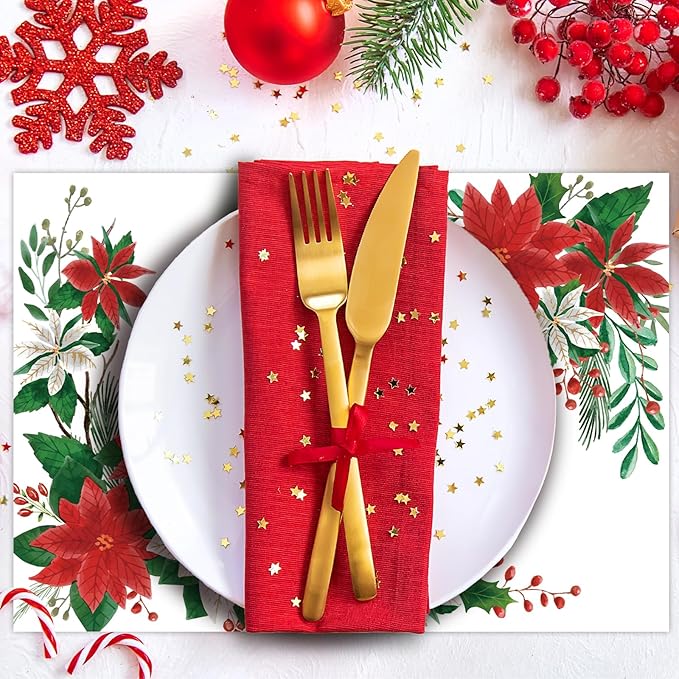 50 Pack Christmas Velvet Poinsettia Paper Placemats,16x 11 Inch Red Poinsettia Flower Disposable Placemat Seasonal Winter Poinsettia Golden Tablemats for Kitchen Dining Christmas Party Supplies