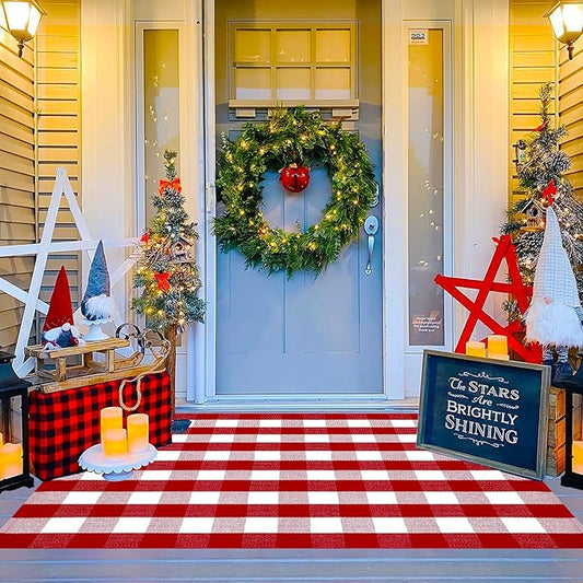 Ckorzen Red and White Plaid Rug, 4' x 6' Christmas Front Porch Outdoor Rug, Handwoven Cotton Washable Rug for Layered Door Mats, Holiday Entryway and Home Décor