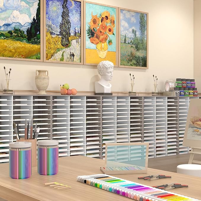 EasyPAG Mail Organizer Countertop, Wood Literature Organizer with Adjustable Shelves, Student Classroom Mailbox for School, Desktop Paper Sorter for Office Home, 36 Compartments, Retro Gray/White