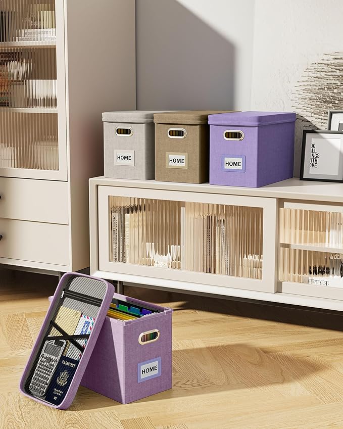 Oterri Hanging Filing File Box with Mesh Pocket, File Organizer Box with Lid, Collapsible Document Organizer Box for Letter Size, Easy Slide Durable Storage Box for Office/Decor/Home (2 PCS, Khaki)