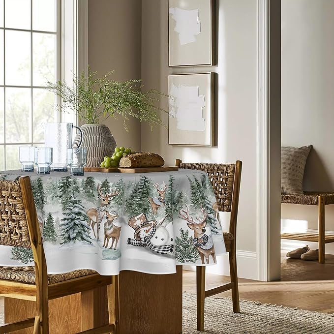 Horaldaily Christmas Tablecloth 90×90 Inch Round, Deers Snowman Trees Grey Washable Table Cover for Party Picnic Dinner Decor