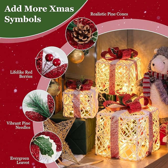 Tangkula Set of 3 Lighted Box, Pre-lit Present Boxes with 100 Warm White Lights, Exquisite Patterns, Bows, Ground Stakes, Indoor Outdoor Christmas Decoration for Yard Lawn