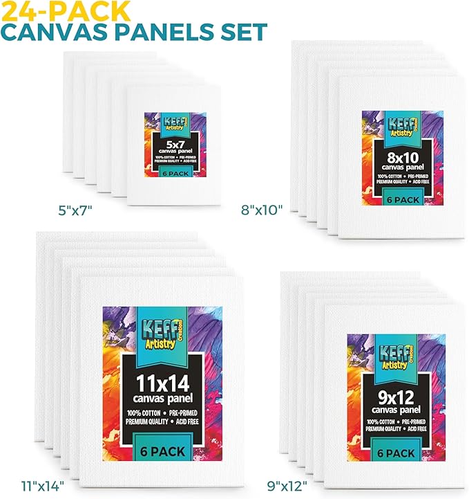 KEFF 24-Pack Canvas for Painting, 6 of 5x7, 8x10, 9x12,11x14 Painting Canvas Boards, Art Supplies for Adults & Kids - 100% Cotton Primed Canvases for Painting for Acrylic, Oil, Watercolor, Tempera