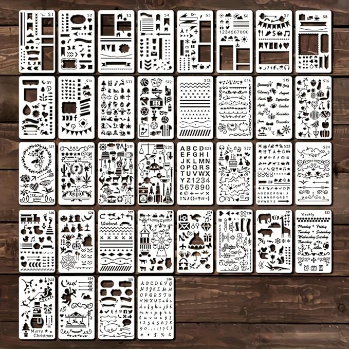 36 PCS Plastic Journal Stencils for Bullet Junk Journal Notebook Diary Drawing Scrapbook Journal Stencil Templates 4x7 Inch