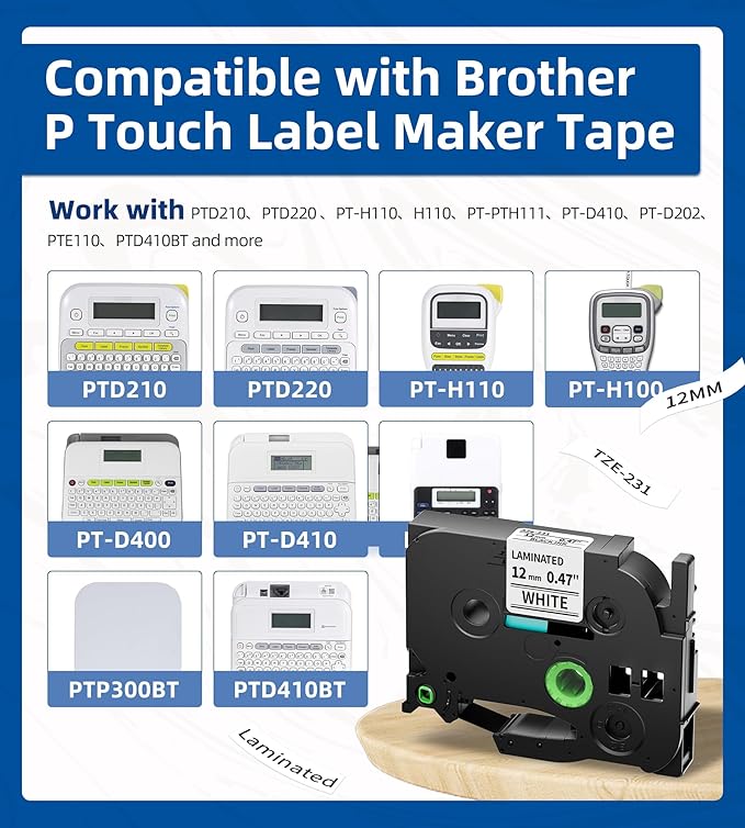 Label Maker Tape, Compatible with Brother P Touch Label Tape, TZe-231 12mm 0.47 Black Ink on White Tze Tz Laminated White Replace for Brother Ptouch PT-D210 PTH110 PTD220 PTD410, 5 pk