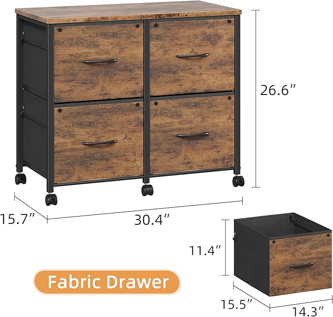 Lateral File Cabinet 4 Fabric Drawer, Mobile Filing Cabinet for Large Printer, Home Office Functional Small Office Storage Cabinet & Printer Stand, Fits A4/Letter Size, 30.4''W, Rustic Brown