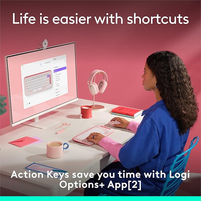 Logitech POP ICON Keys Wireless Bluetooth Keyboard, Comfortable Typing, Programmable Keys, Easy-Switch Between up to 3 Devices, for Laptop, Tablet, PC – Rose and Off-White