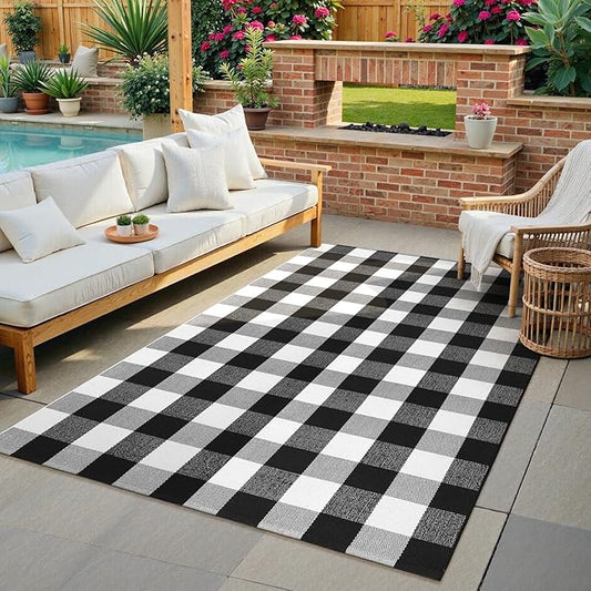KIMODE Buffalo Plaid Rug 4'x6' Black and White Checkered Rug Farmhouse Cotton Hand-Woven Patio Rug Indoor Outdoor Area Rug Washable Floor Carpet for Fall Front Door Porch Decor Living Room