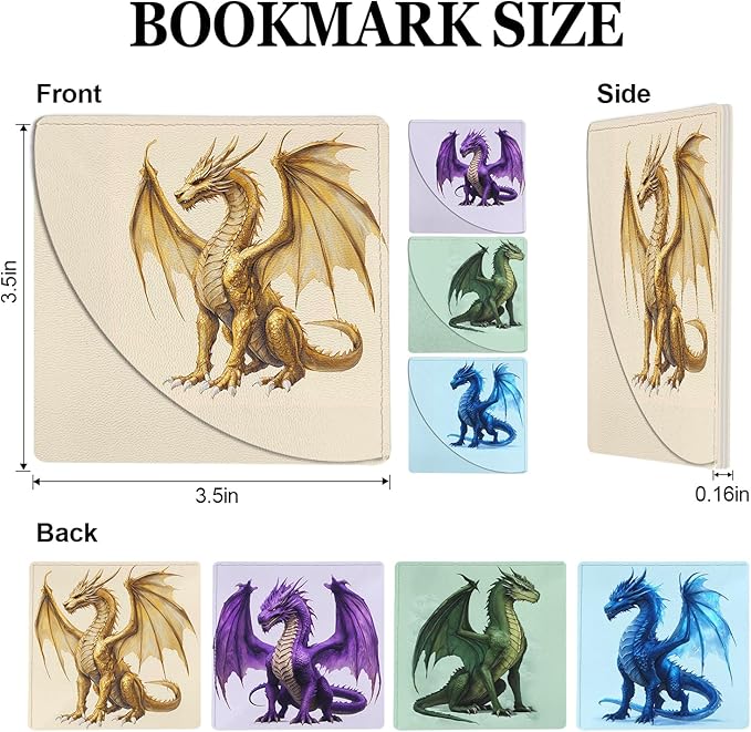 Dragon Bookmarks for Kids 4 Pcs, Funny Leather Book Accessories for Book Lovers, Cute Corner Reading Book Page Markers for Boys Men Teacher Student Back to School Gifts