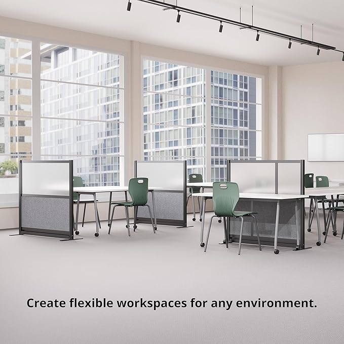 Stand Up Desk Store Workflow Wide Modular Wall | 53'' x 70'' Wall | Expandable Partition Room Divider with Rearrangeable Frosted Acrylic, Sound Absorbent and Whiteboard Panels (Black Frame)