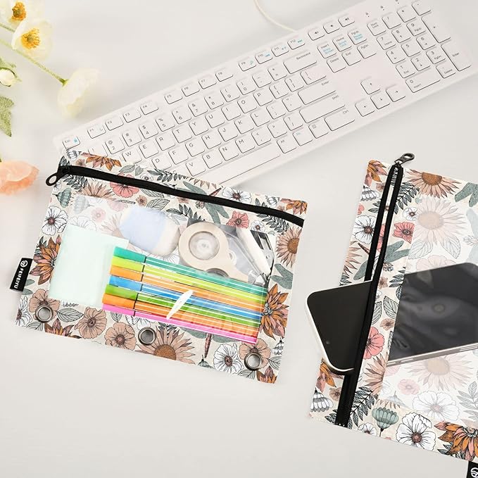 ALAZA Pencil Pouch for 3 Ring Binder, Boho Flowers and Dragonflies Binder Pencil Pouches with Clear Window Zipper Pencil Case Cosmetic Bags for Office College Supplies, 2PCS