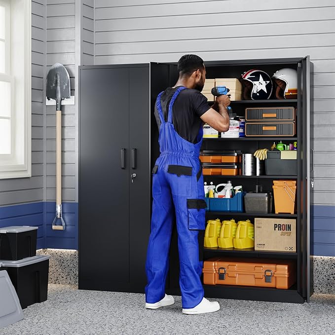 Yizosh Metal Garage Storage Cabinet with 2 Doors and 5 Adjustable Shelves - 71" Steel Lockable File Cabinet,Locking Tool Cabinets for Office,Home,Garage,Gym,School (Black)