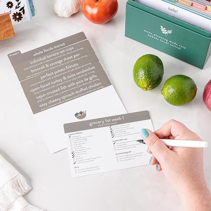 Meal Planner with 72 Recipe Cards (Whole Foods Menu) - Weekly Menu Planner | Sturdy Recipe Box | 12 Reusable Grocery Shopping Lists | 5 Blank Recipe Cards | Recipe Card Protector | Recipe Ideas