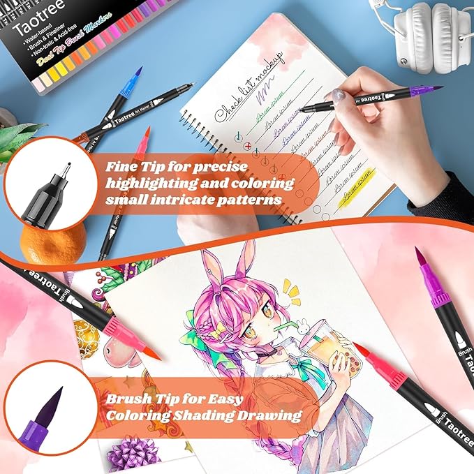 Taotree 120 Colors Dual Tip Art Markers Pens for Adult Coloring Book, Artist Fine & Brush Tip Coloring Markers Drawing Pen for Journaling Note Taking Lettering Calligraphy Craft Art Supplies Set