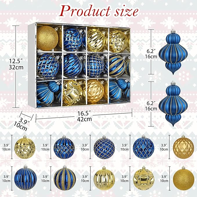 4" Christmas Ball Ornaments Set 12PCS Large Shatterproof Plastic Ornaments Christmas Tree Ball Hanging Ornaments for Xmas Tree Wedding Party Holiday Decorations - Navy Blue, Gold