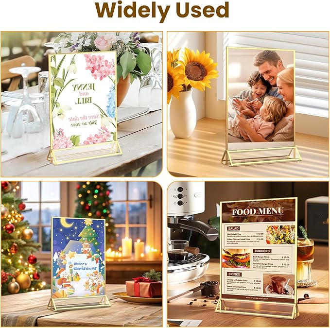 Acrylic Sign Holder 8.5X11 Gold Frames Double-Sided Gold Picture Frames for Menu Holder Wedding Table Numbers Display Stand with Removable Sticky Dots -6 Pack