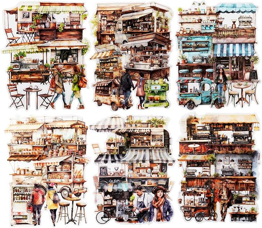 90Pcs Coffee Market PET Stickers, Vintage Coffee Truck Stickers for Scrapbooking Journaling Waterproof Crafts Supplies