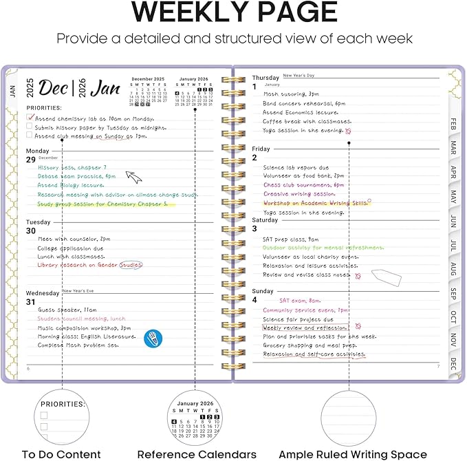 2026 Planner, Weekly and Monthly Calendar Planner, January 2026 - December 2026, Hardcover 2026 Calendar Planner Book with Tabs For Women & Men, Inner Pocket, Spiral Bound, Perfect for Office Home School Supplies - A5 (6.3" x 8.5"), Purple