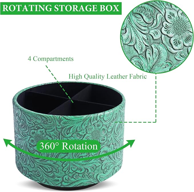 lizimandu Round Leather Art Supply Organizer,Remote Control Holder,360 Degree Spinning,Multi-Functional Pencil Holder,4 Compartments Desktop Stationary Organizer(1-Carved Green)
