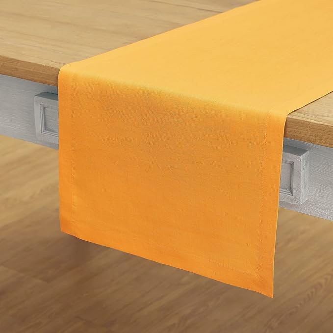 Solino Home Linen Table Runner 48 Inches - 100% Pure Linen Tangerine Yellow Table Runner 14 x 48 Inch Ideal for Dresser and Coffee Tables - Fete