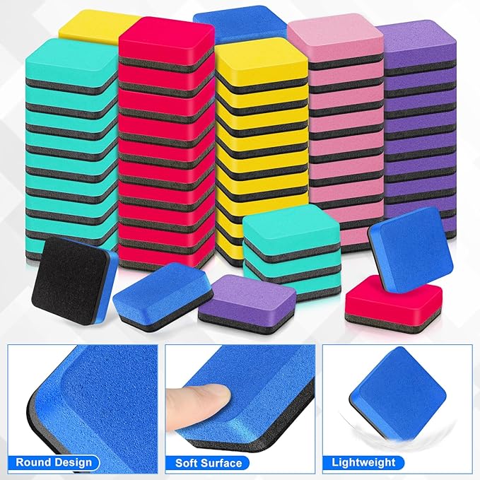 Cube Dry Erase Erasers, 96 Packs Mini Magnetic Whiteboard Dry Erasers in 6 Colors, Chalkboard Cleaner Wiper for Classroom, School, Home, and Office Supplies